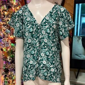 Ann Taylor Factory Green Flutter Sleeve Floral Blouse Medium #DD